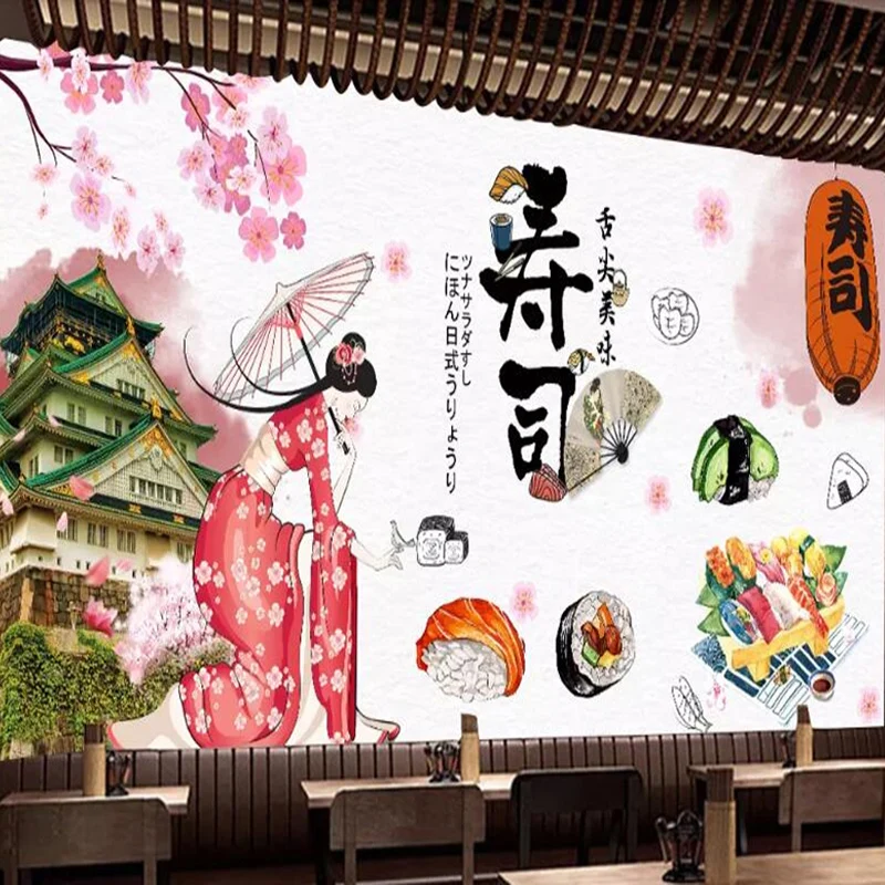 Custom Self-Adhesive Waterproof Mural Wallpaper 3D Japanese Food Sushi Restaurant Background Wal Decor Papel De Parede Stickers