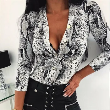 

Fashion Women Blouse Playsuit New Snakeskin Leopard Printed Long Sleeves Slim Bodysuit Autumn Female Buttons V-neck Jumpsuit Hot