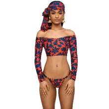 Африканский Печатный купальник с длинным рукавом, женский купальник с высокой посадкой, 2 шт., пляжная одежда, стринги, Бразильское бикини с открытыми плечами, купальный костюм