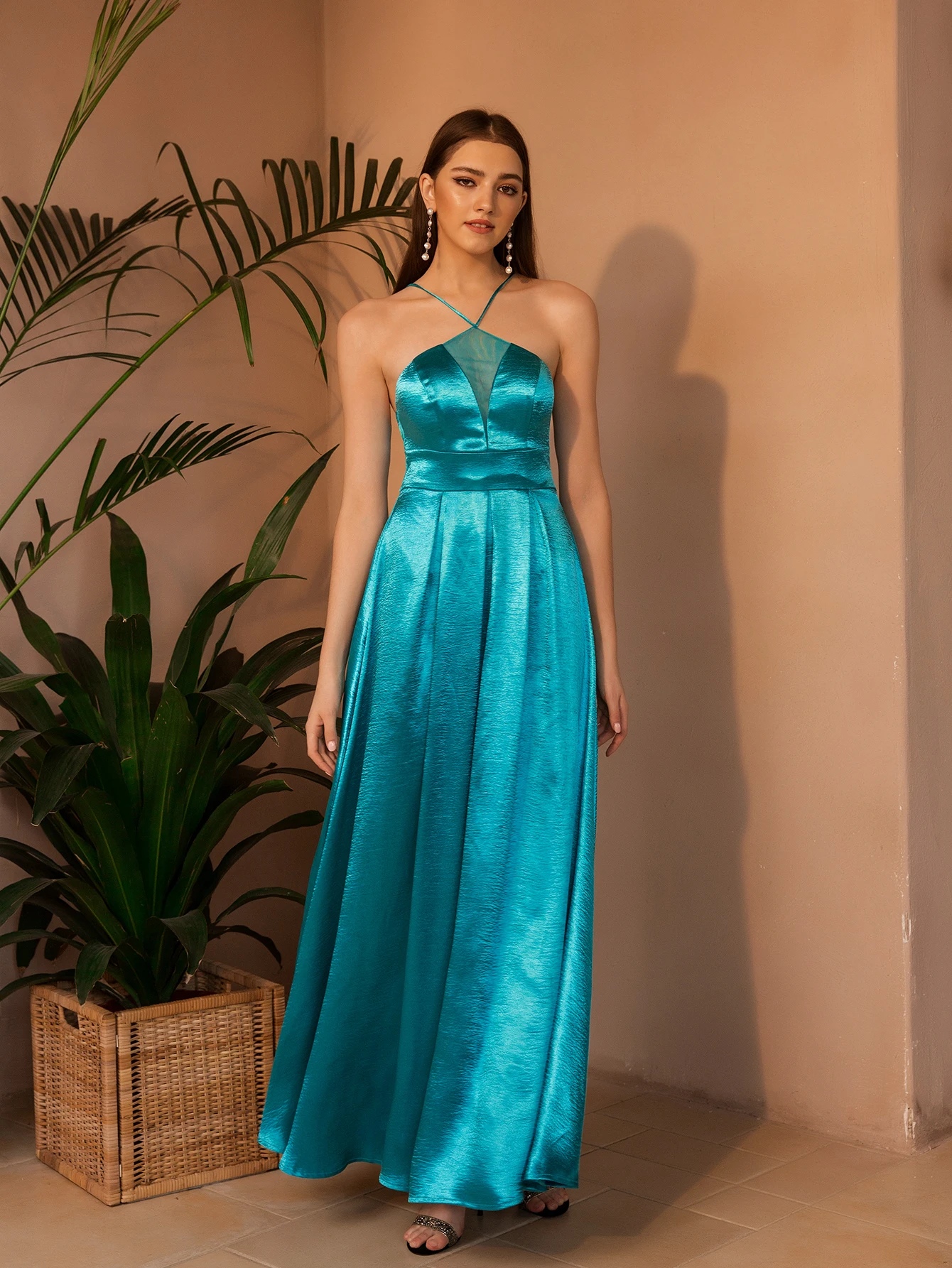 Angel-Fashions Halter See Through Lace Up Satin A-Line Prom Dress Blue Green 552