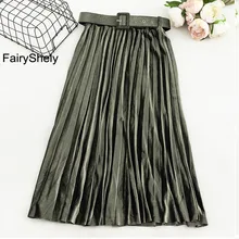 FairyShely бархатная плиссированная длинная юбка для женщин осень зима эластичная лента Высокая талия Теплая юбка армейский зеленый Макси офисная юбка