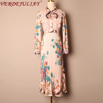 

VERDEJULIAY Classical Vintage Pleated Dresses Women 2020 Spring New Luxury Laced Chest Pearls Runway Floral Print Midi Dress