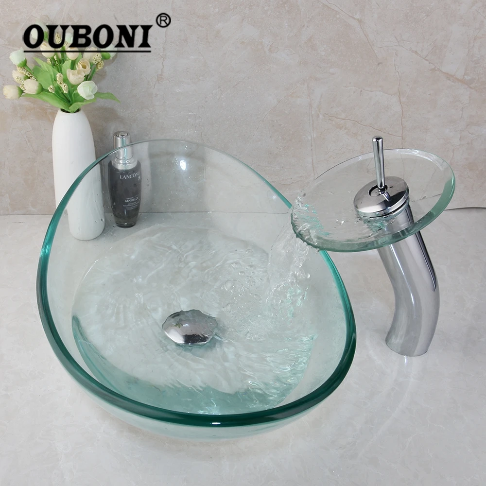Waterfall Tap Washbasin Glass Hand-Painted Lavatory Chrome Bathroom Sink Bath Combine Brass Basin Mixer Tap Faucet bathroom faucet set