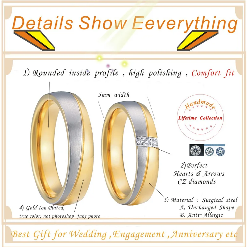Unique Mens Wedding Band Jewelry Rings Gold Color two tone bague anel anillos Promise Couple Engagement Rings for women (1)