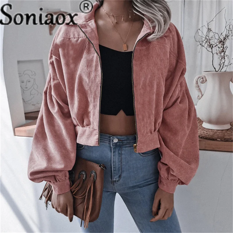 Autumn Winter New Fashion Turn-Down Collar Womens Corduroy Jackets Coat Casual Solid Lantern Sleeve Zipper Lady Short Outerwear