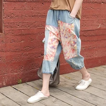 Летние джинсы женские Ретро Свободные повседневные джинсовые брюки женский эластичный пояс карманные Соединенные винтажные брюки уличная