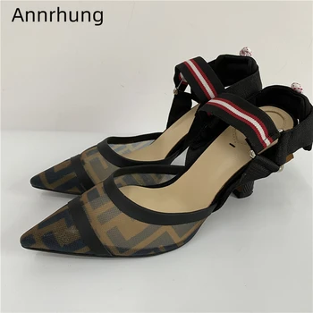 

Size 38 39 Sexy Air Mesh Gladiator Sandals Women Strange High Heel Pointed Toe Elastic Band Strap Runway Sandals Woman