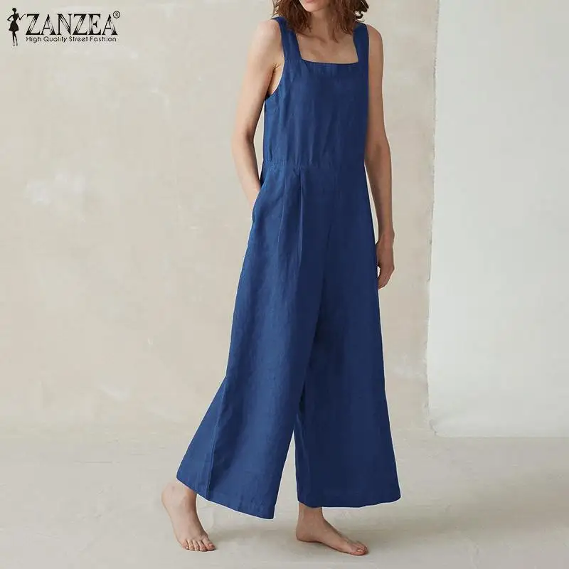 

ZANZEA SummeWide Leg Jumpsuits r Rompers Fashion Women Cotton Linen Overalls Casual Loose Long Suspenders Straps Solid Dungarees
