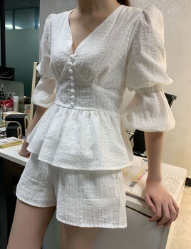

2020 summer woman white 2 piece set cotton blouses shorts