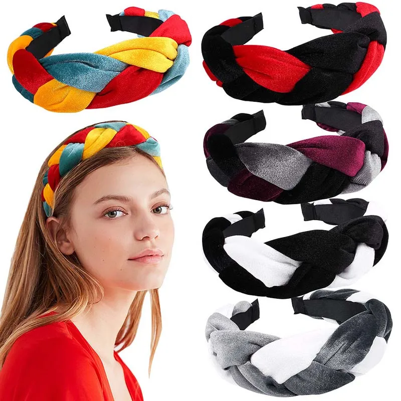 

CN Girls Velvet Knot Braid Headbands Solid Patchwork Hairbands For Women Mulher Head Bezel Hair Hoop Women Girl Hair Accessories
