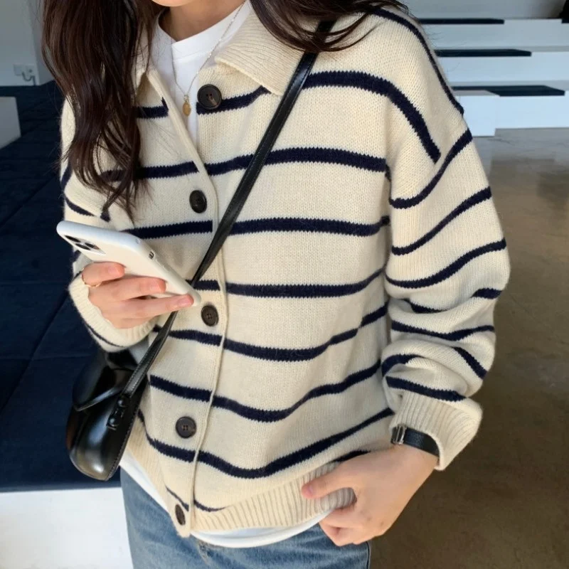 Unif Cardigan Autumn And Winter Style Lapel Single Breasted Casual Loose Striped Knitted Women's |