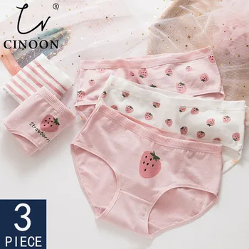 

CINOON 3Pcs/lot Cotton Panties Women Striped Underwear Strawberry pattern Underpants Female Lingerie Big Size Girls Soft Panty