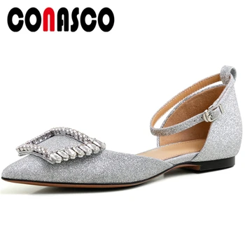 

CONASCO 2020 Spring Summer Wedding Casual Women Flats Ankle Strap Shoes Rhinestone Crystal Decoration Pointed Toe Shoes Woman