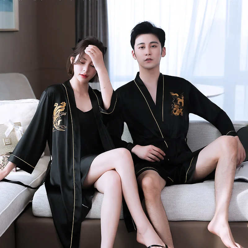

Pajamas Couple's Women's Summer Dungaree Dress Sexy Nightgown Two-Piece Spring and Autumn Thin Artificial Silk Men's Bathrobe