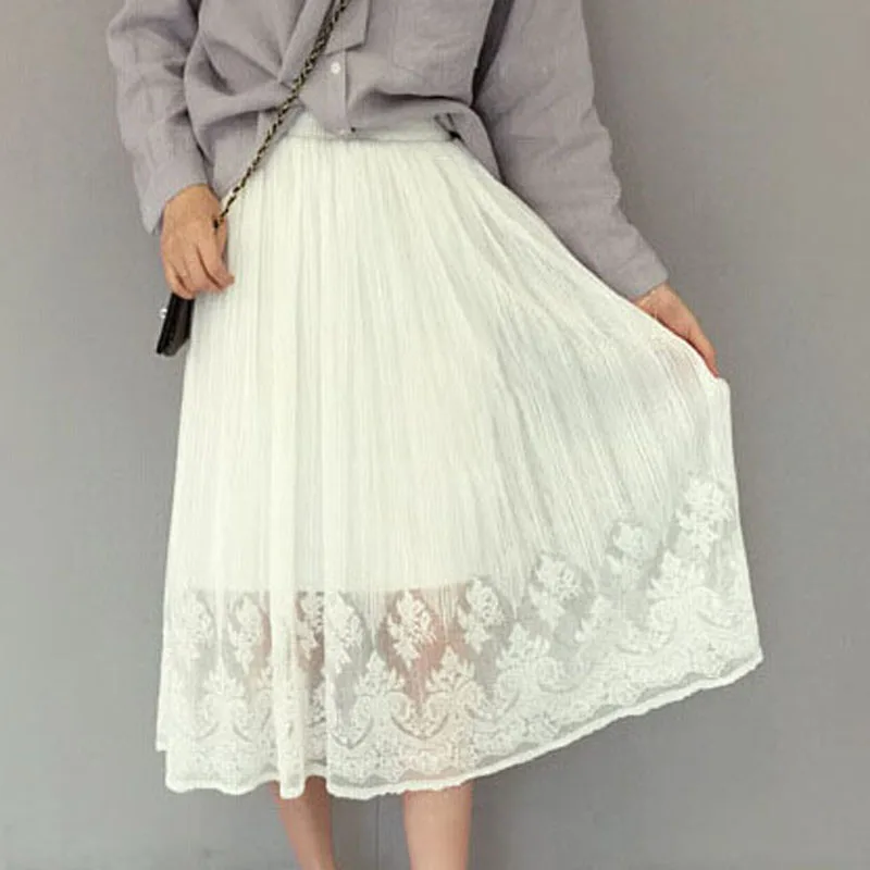 Belle poque, уличная одежда, миди, кружевная юбка, для женщин, тюль, высокая талия, рубашки, повседневные, школьные юбки для женщин, лето - Цвет: White