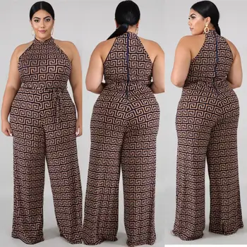 

Women's Plus Size Jumpsuit Maze Lattice Fashion Element Positioning Printing Hanging Neck Zipper Jumpsuit