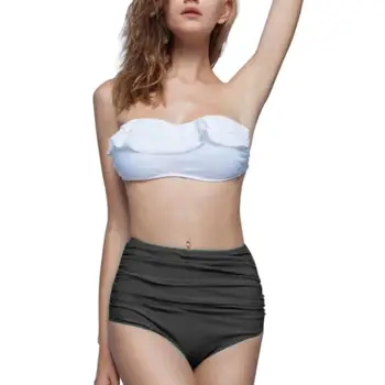 

Hot 2Pcs Women Sexy Color Block Ruffled Padded Bra High Waist Bikini Set Swimsuit