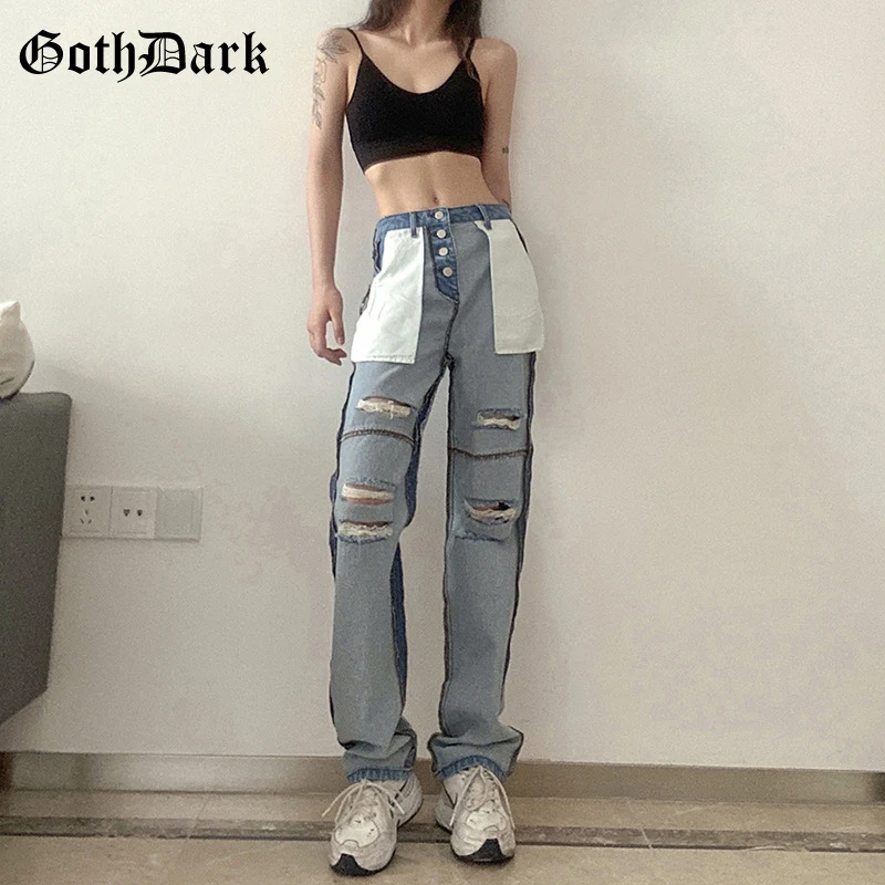

Goth Dark Gothic Chic Patchwork Jeans Punk Style High Waist With Pockets Hole Front Women's Pants Button Fly Fashion Streetwear