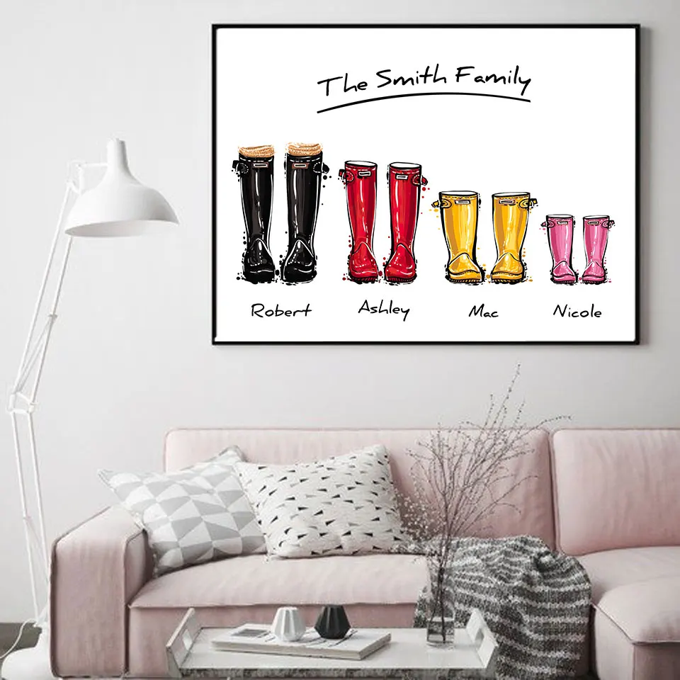 Custom-Family-Print-Gift-Personalised-Poster-Wellies-Wall-Art-Canvas-Painting-Wellington-boot-Wall-Pictures-For