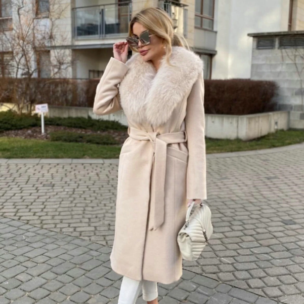 Fashion Long Wool Blends Coat with Fox Fur Lapel Collar Natural Woman Winter Trendy Genuine Fox Fur Cashmere Overcoats Luxury