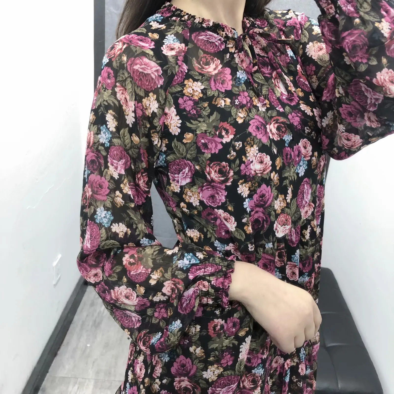 women sweet v neck lace up floral print hem ruffles mini dress female pleats vestidos chic casual chiffon dresses DS2995