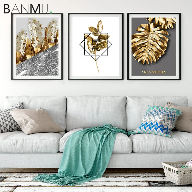 BANMU Golden Leaves Wall Poster Nordic Style Golden-Yellow Plants Artwork Home Decor Wall Art Canvas Painting Bedroom Decor