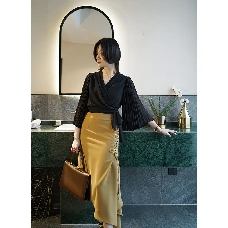 

Iliad Origional Design Summer New Style Pressure Crepe Elegant Slim Fit Parcel Winding Lace-up Feifei Fan Sleeve Shirt