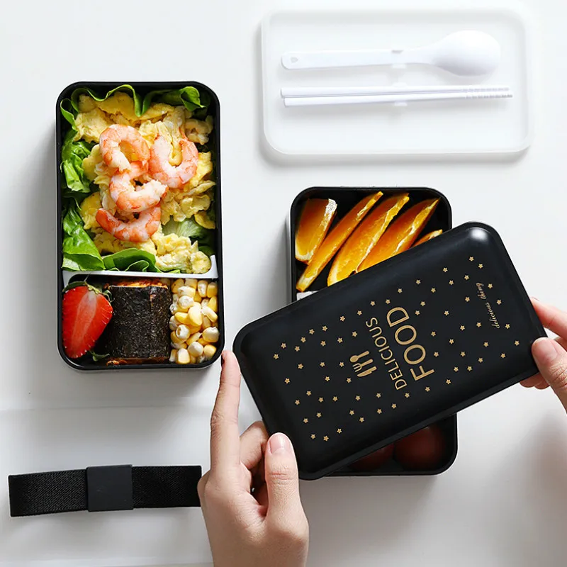 

Creative Black Printing Lunch Box Double Layer Simple Food Container Office Cute Couple Japanese Student Lunch Box for Children