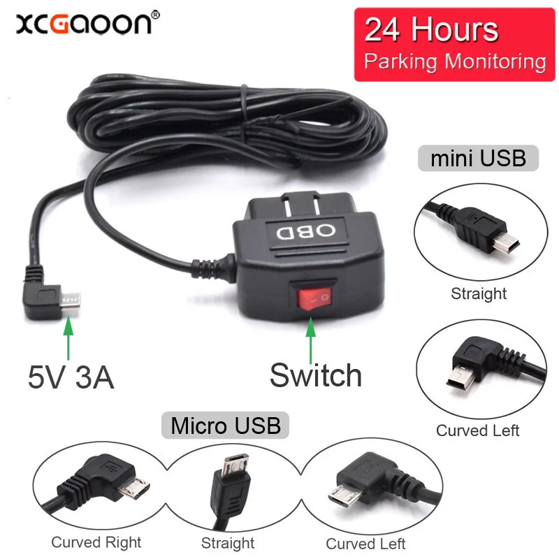 XCGaoon 24 часа в автомобиле OBD Hardwire комплект с мини Mico USB порт 5V 3A зарядный кабель для