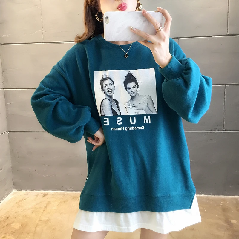 

Harajuku Casual Oversized Fake Two Pieces Sweatshirt Women 2019 Winter Fleece Pullover Loose Hoodie Female Streetwear Plus Size