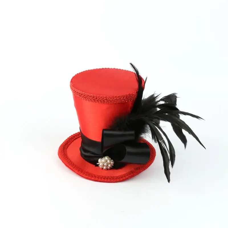 Womens Magic Red Mini Top Hat Faux Pearl Jewelry Feather Fascinator Headband C6UD