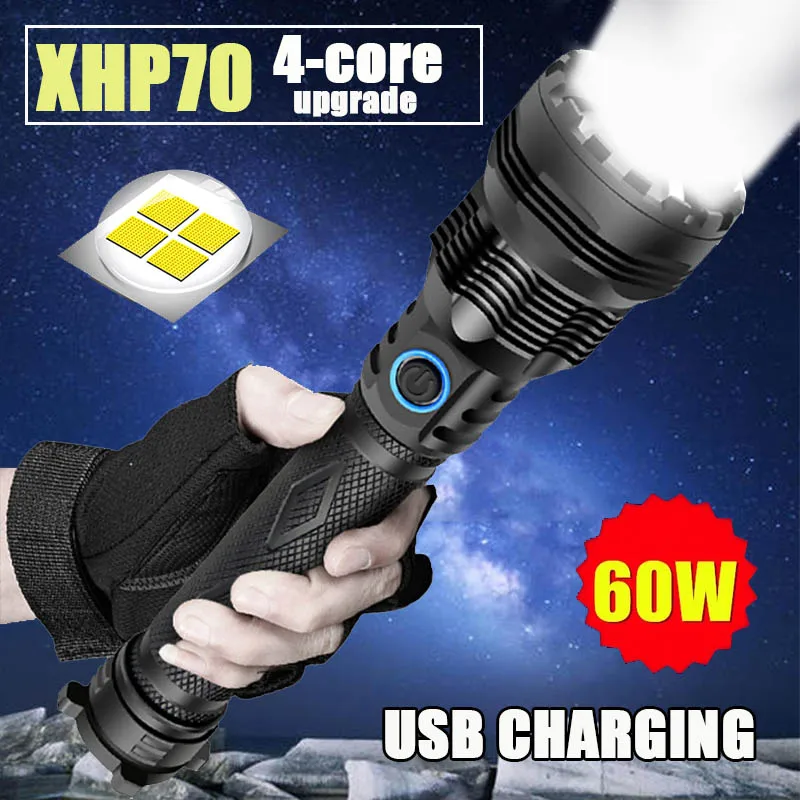 

XHP70 Super Bright Glare Flashlight USB Charging 26650 LED Multifunctional Outdoor Aluminum Alloy Zoom Light with Attack Cone