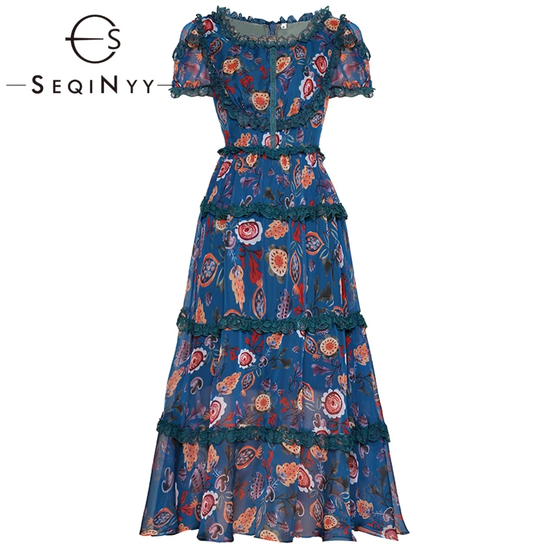 

SEQINYY Chiffon Dress 2020 Summer Spring New Fashion Design Short Sleeve Purple Lace Ruffles Women High Quality Midi Dress