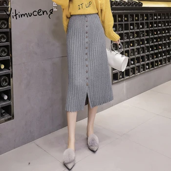 

yitimuceng new pleated skirts women sknitting high waist midi skirt casual vintage solid empire button korean black long skirt