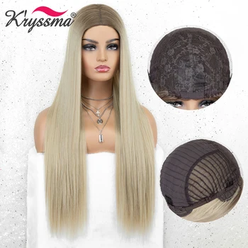 

Kryssma Ombre Blonde Wigs Long Straight Synthetic Wigs For Women Cosplay Wig With Dark Roots Heat Resistant Fiber Hair
