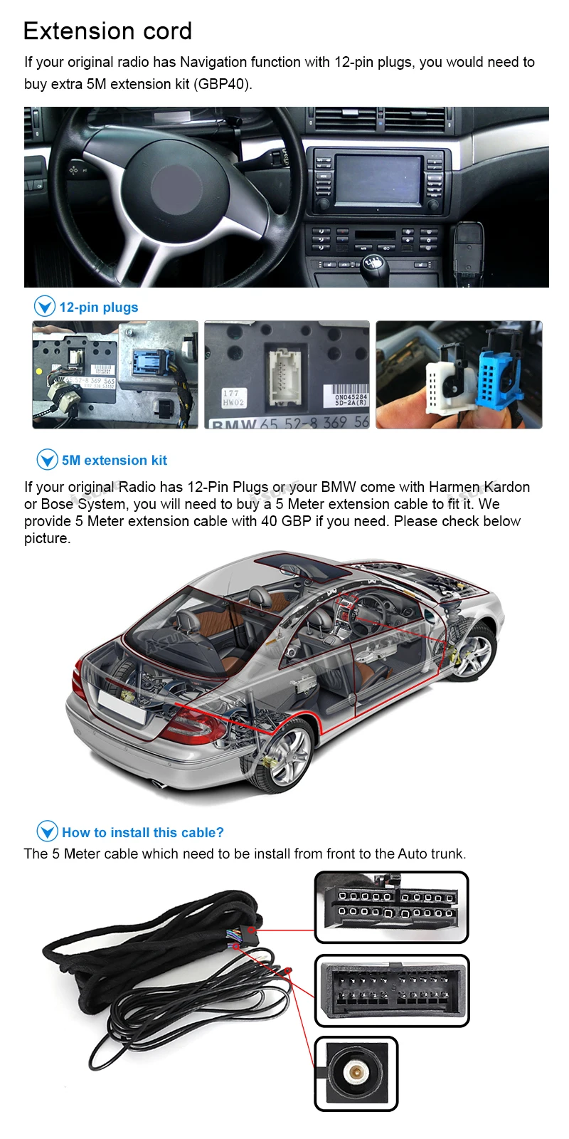 incluida la extensi/ón de Antena en DIN, I-Bus y Cable de Antena X5 E53 5 E39 Cable de extensi/ón Quadlock de 6,5m Compatible con BMW 3 E46