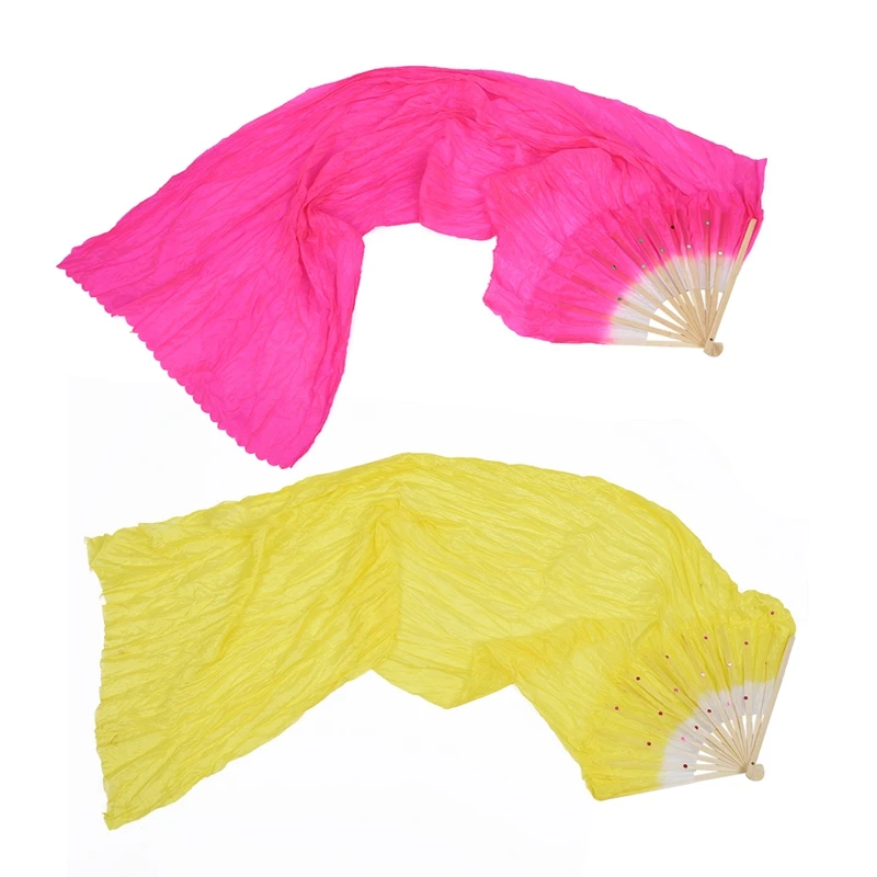 

2 Pcs 1.8M Hand Made Belly Dance Dancing Silk Bamboo Long Fans Veils - Yellow & Rose Red