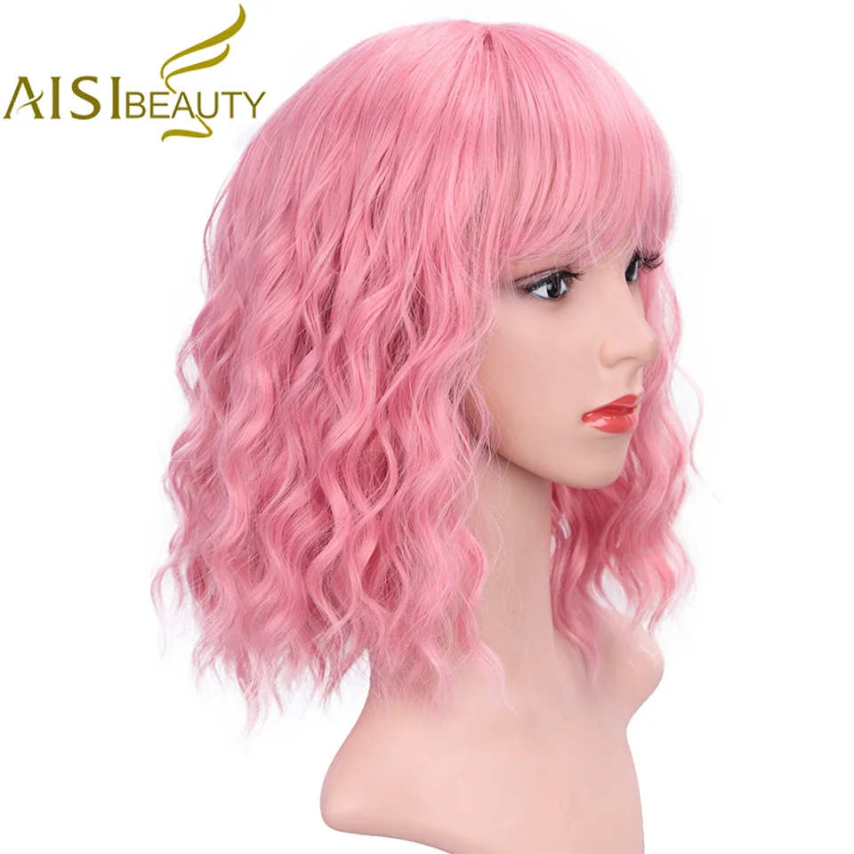 Najtaniej AISI BEAUTY krótka peruka z grzywką fala wody peruki syntetyczne dla kobiet różowy śliczne lolita cosplay kobiece codzienne sztuczne włosy