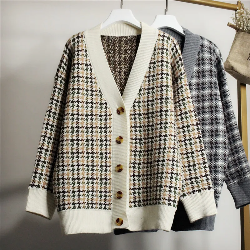 

Sweater Coat, Winter Houndstooth Knit Cardigan Women's Loose Long Style Retro Single-breasted Sweater Coat Tide-ya39