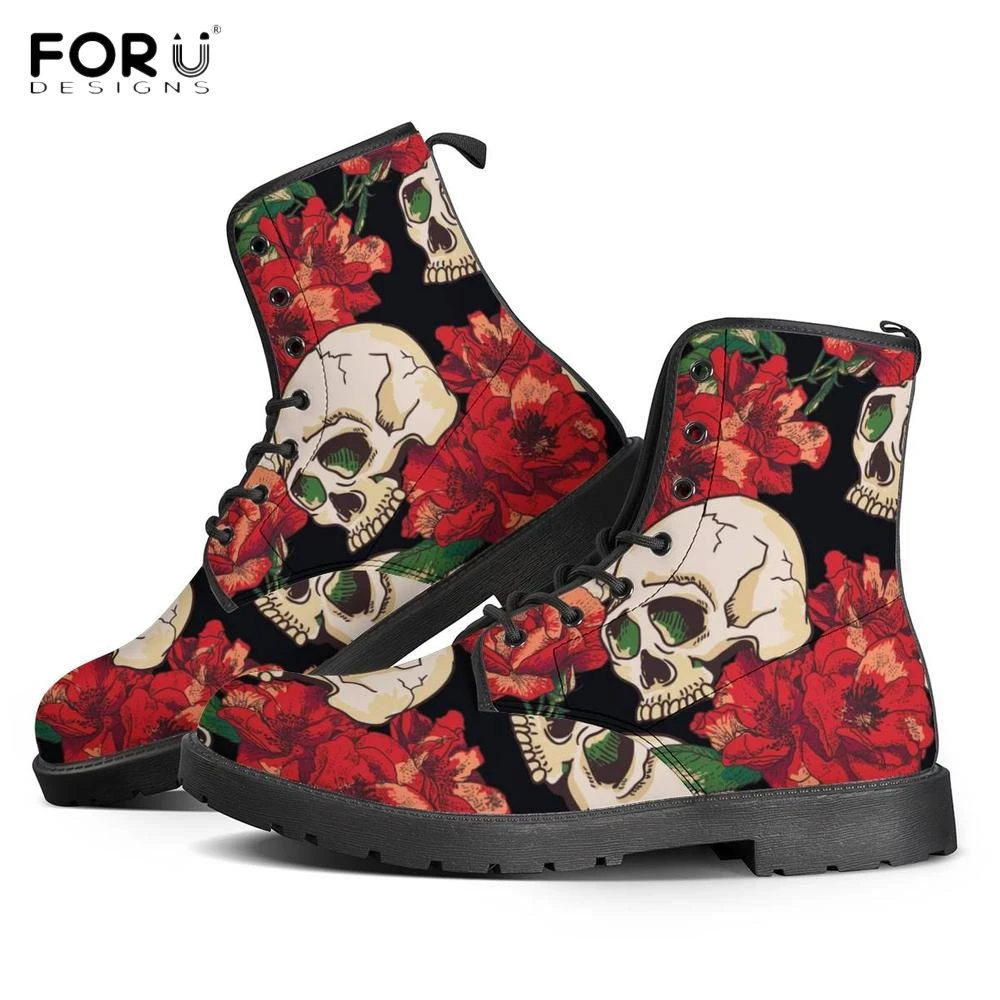 

FORUDESIGNS 3D Rose Punk Skull Floral Pattern Woman Pu Leather Boots Winter/Autumn Round Toe Boots Ankle Motorcycle Boots Ladies