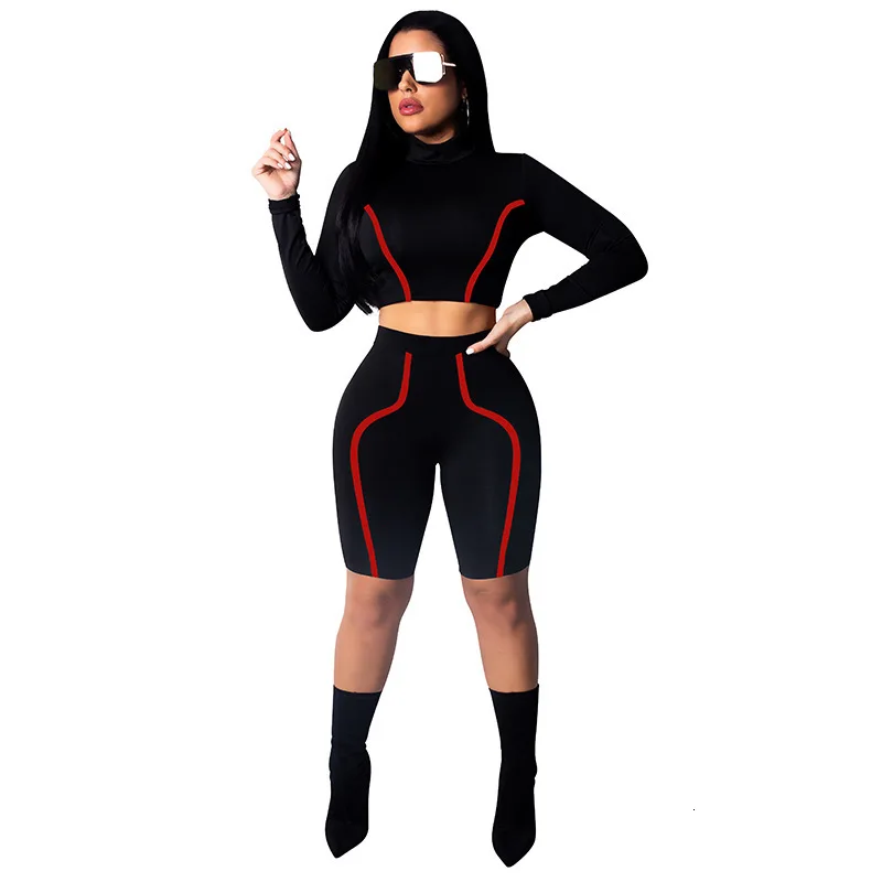 

Autumn Women Two Piece Set Stripe Long Sleeve Trutleneck Crop Tops With High Waist Pants Tracksuit Sport Wear Ensemble Femme Rm*