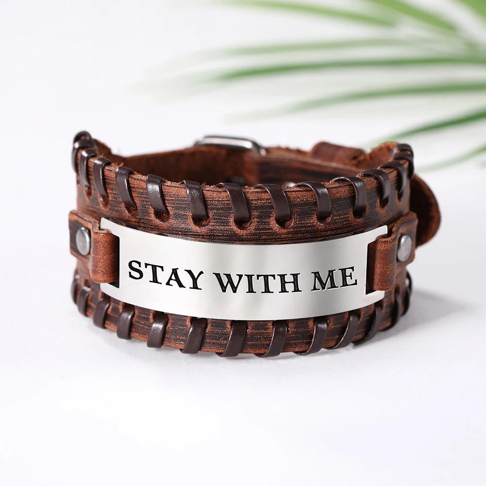EUEAVAN 5pcs Proverb Positive Black/Brown Leather Bracelet Saying Charm Stainless Steel Jewelry For Men Gift Wholesale