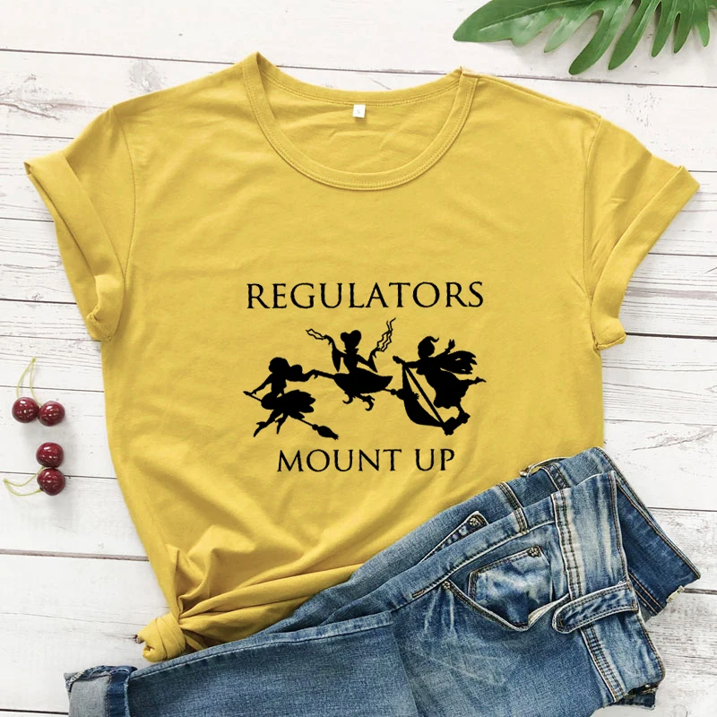 

Funny Halloween Witches Regulators Mount Up T-shirt Women Crewneck Holiday Party Tshirt Stylish Witchy Graphic Tee Shirt Top