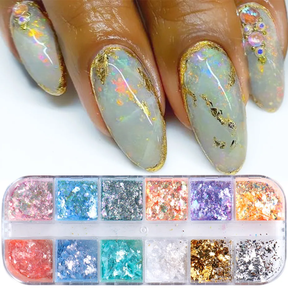 12 Grids Opal Chunky Glitter Powder Mixed Fire Flakes Mermaid Iridescent  Holographic Nail Sequins Flakes Pearl Shell Shimmer Glimmer for Nail Art