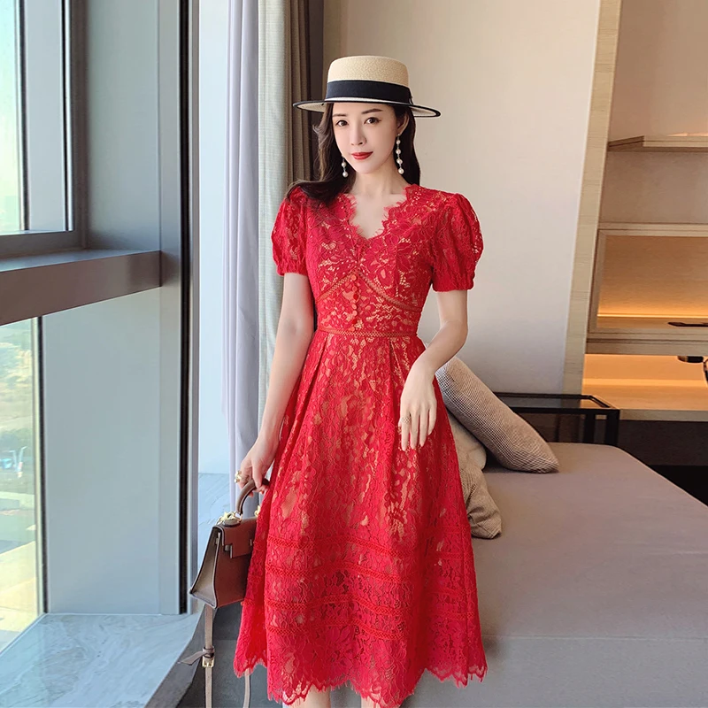 New Summer Vintage Lashes Lace V Neck Slim Fashion High Quality Elegant Self Portrait Women's Puff Short Sleeve Dress Vestidos | Женская