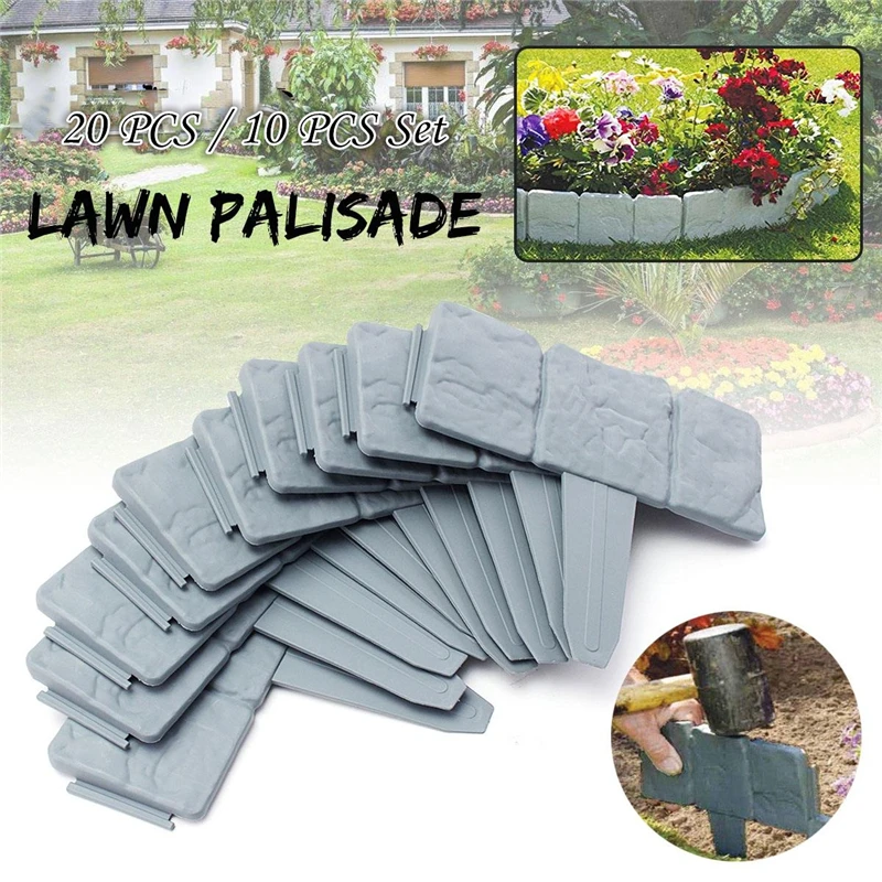 

20 / 10 PCS Grey Garden Fence Edging Cobbled Stone Effect Plastic Lawn Edging Plant Border Decorations Flower Bed Border Dec Set