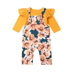 Весенне-осенний комплект одежды для новорожденных девочек от 0 до 24 месяцев, футболка с длинными рукавами комбинезон с цветочным принтом