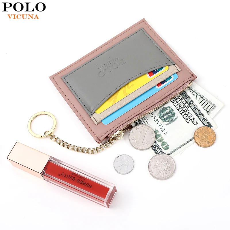 

VICUNA POLO Mini Size Simple Patchwork Leather Card Holder Wallet For Women Fashion Ladies Wallet With Keychain Dropshipping