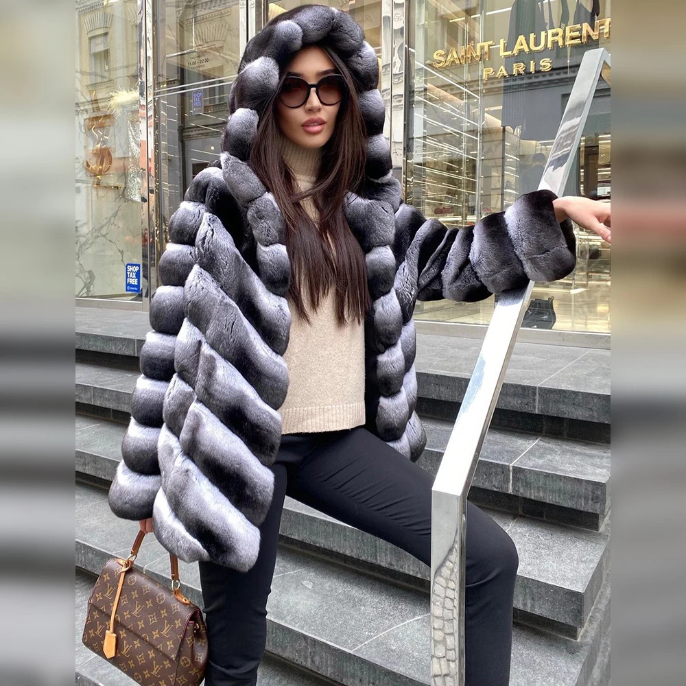 2022 Fashion Women Real Fur Coat Winter New Full Plet Genuine Rex Rabbit Fur Jacket Chnchilla Color Trendy Fur Overcoat Luxury