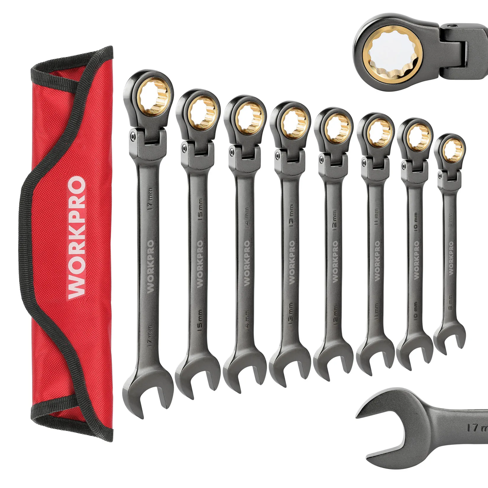 WORKPRO 8PC 렌치 세트 플렉스 헤드 래칫 조합 렌치 미터/SAE 래칫..